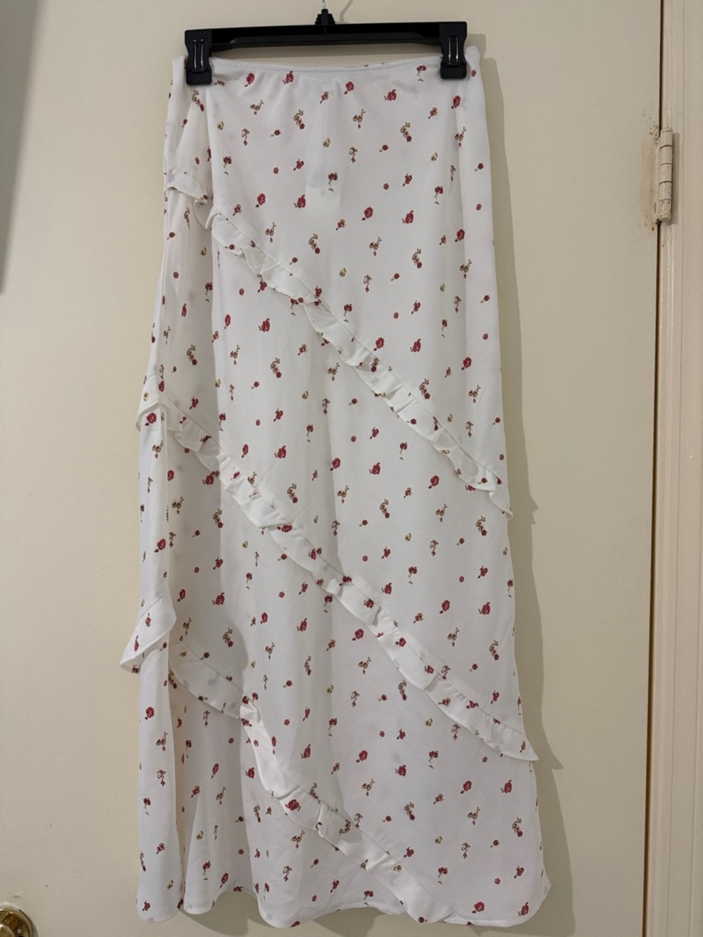 Floral Ruffle Maxi Skirt - White with Red Floral Print